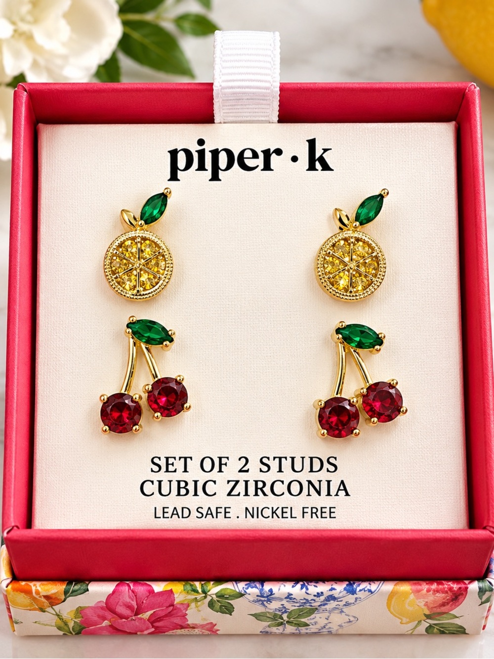 PIPER K Set of Two Cherry and Lemon Stud Earrings NIB